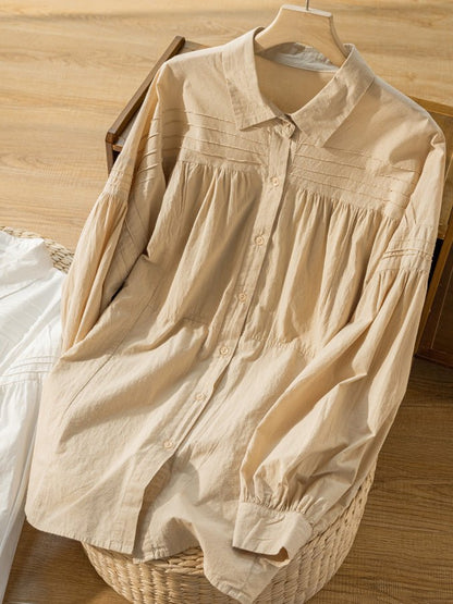 100% Natural Fabric Pleated Loose Shirt In Solid Color