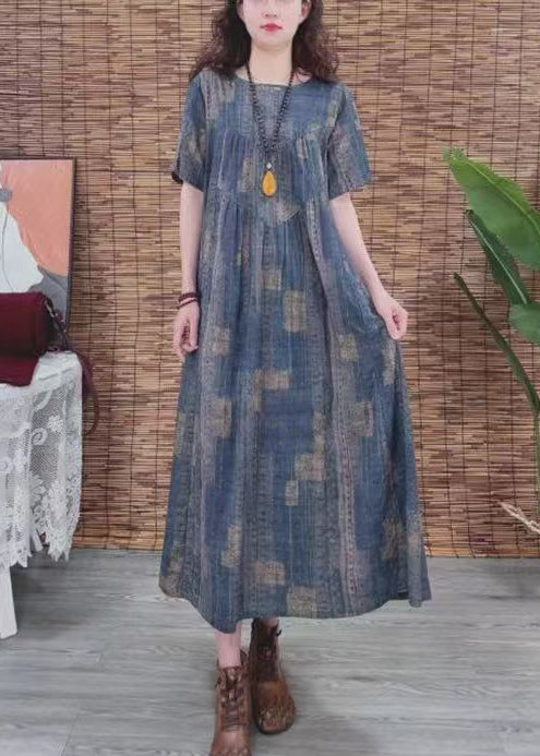 Vintage Navy Oversized Print Cotton Dress Summer