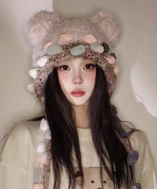 Korean Cute Versatile Pink Warm Thick Fur Knitted Hat