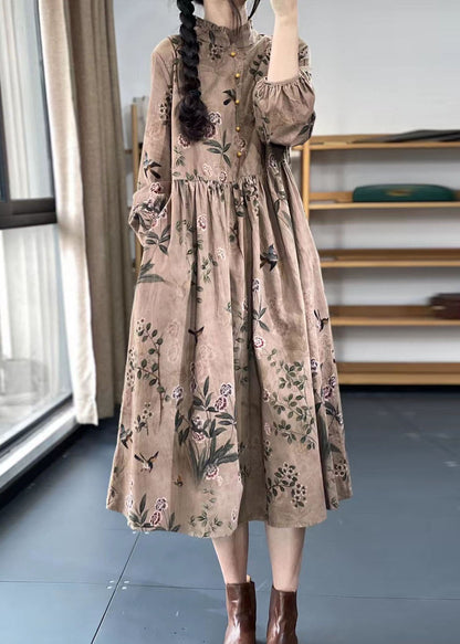 Women Khaki Button Ruffled Print Dress