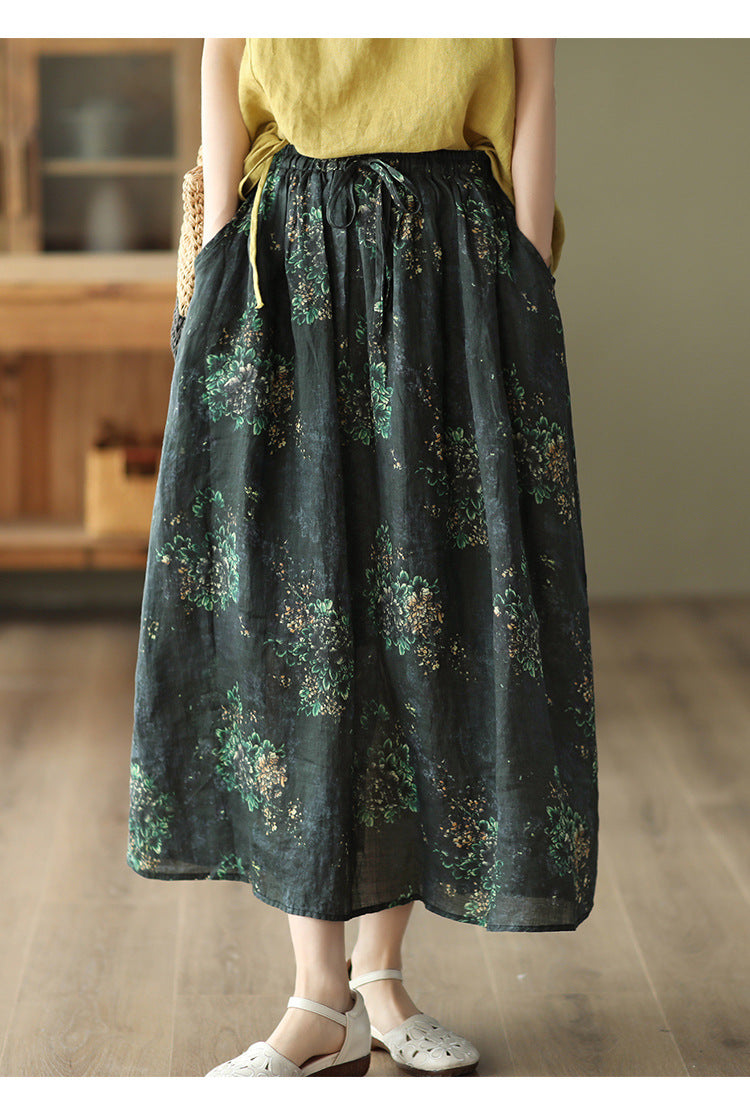 Vintage Heavy Industry Printed Literary Fine Ramie Skirt