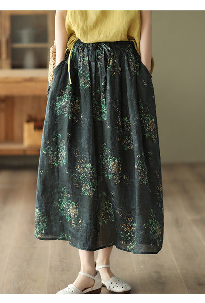 Vintage Heavy Industry Printed Literary Fine Ramie Skirt
