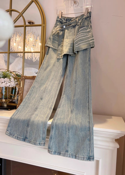 Chic Blue Pockets False Two Pieces Patchwork Denim Pants Fall