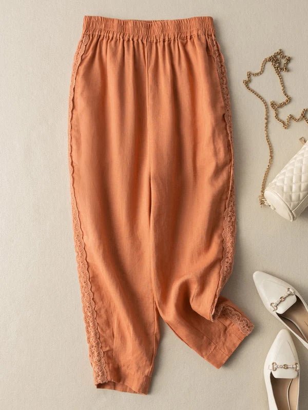 Pure Color Lace Stitching Casual Linen Harem Pants With Pockets