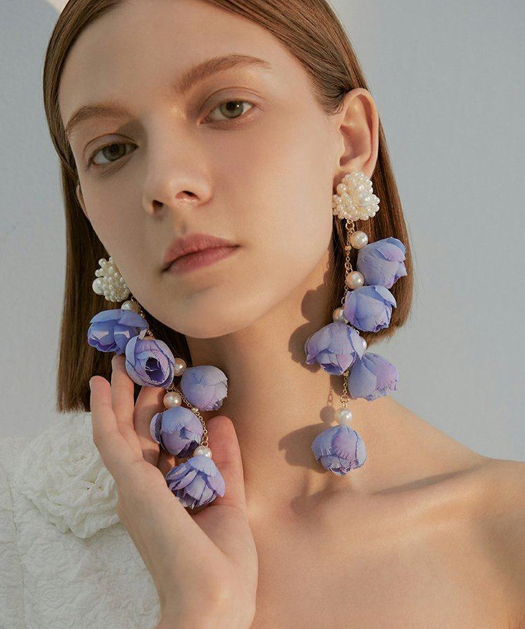 Women Purple Flower Tasseled Pearl Drop Earrings