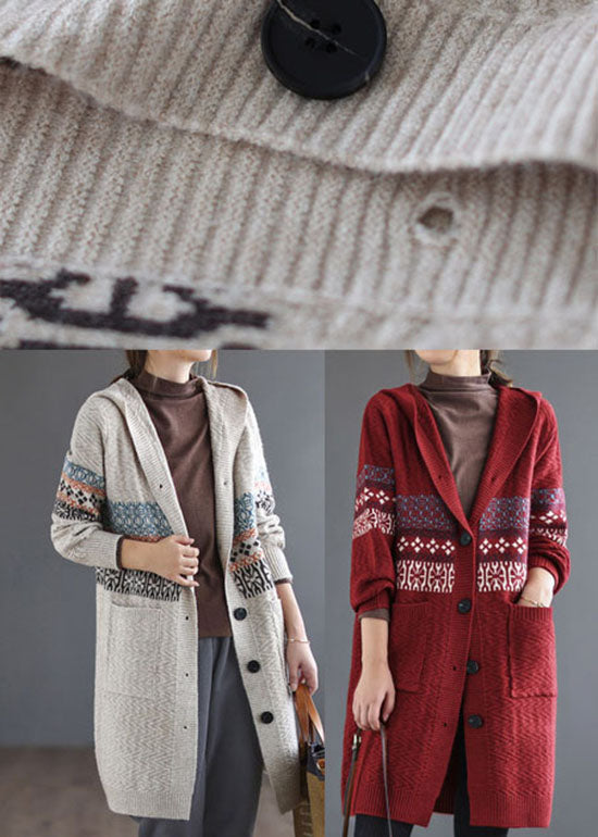 Women Beige Button Knitted Hooded Coats Cardigans