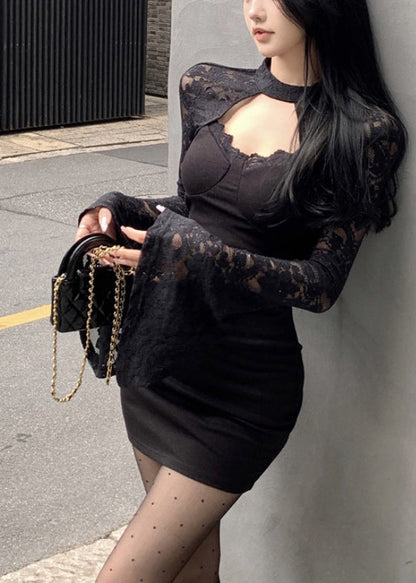 Fashion Black Wraped Patchwork Lace Mini Dress Spring