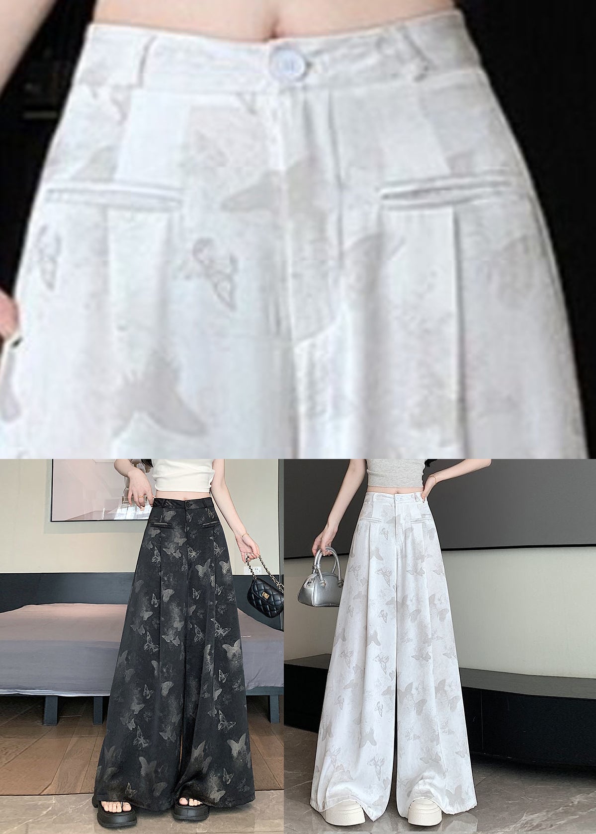 Chinese Style White Pockets Butterfly Print Draping Floral Pants