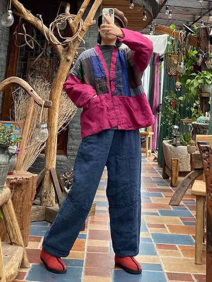 Women Vintage Spliced Button 100%Linen Padded Coat