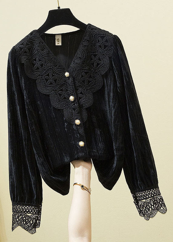 DIY Coffee V Neck Lace Patchwork Silk Velour Shirt Long Sleeve
