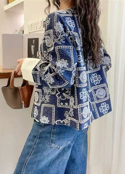 Chic Blue Embroidered Sequins Denim Coats Spring