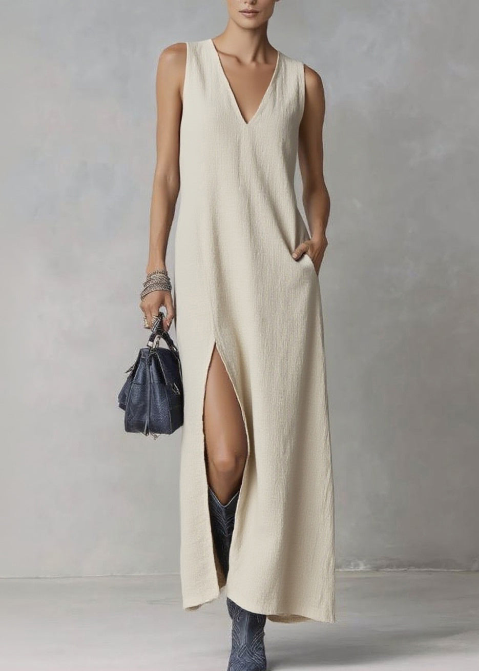 Brief Ramie V Neck Pockets Patchwork Solid Maxi Dresses Summer