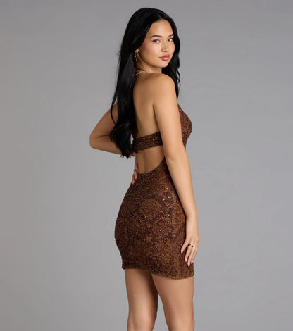 Maribel Sequin Bead Halter Mini Dress