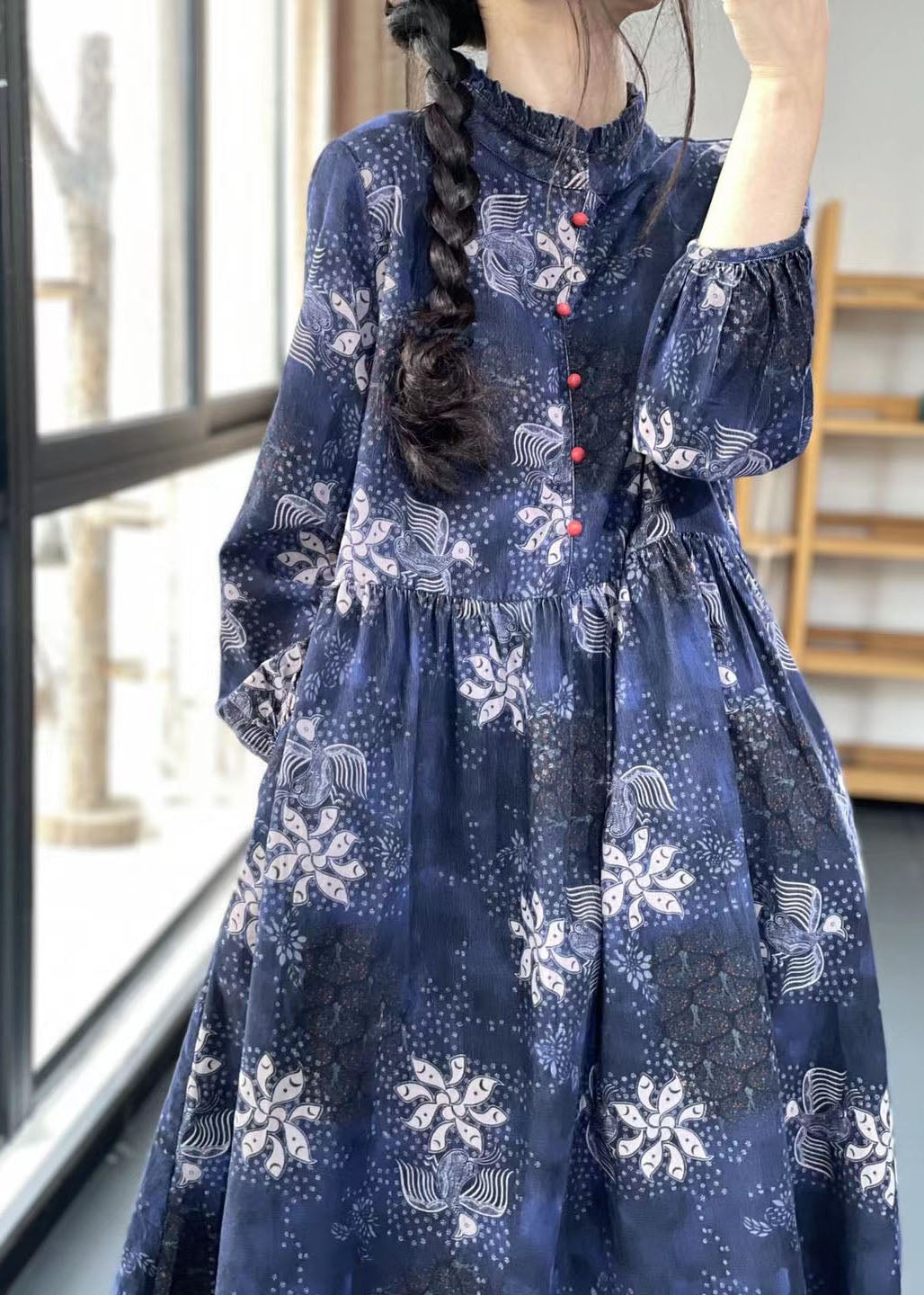 Women Khaki Button Ruffled Print Dress