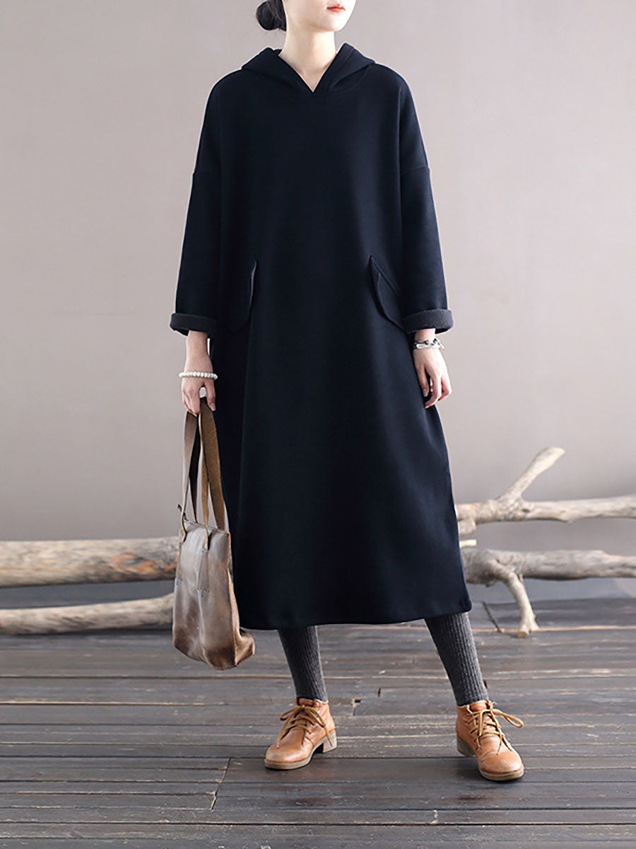 Women Winter Casaul Solid Loose Thick Hooded Dress