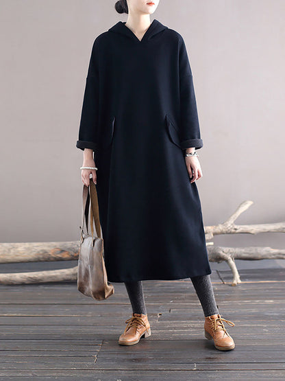 Women Winter Casaul Solid Loose Thick Hooded Dress