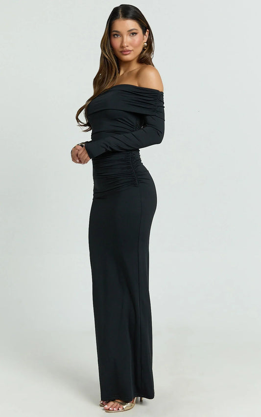 Emilie Maxi Dress - Off Shoulder Long Sleeve Ruched Jersey Dress In Black