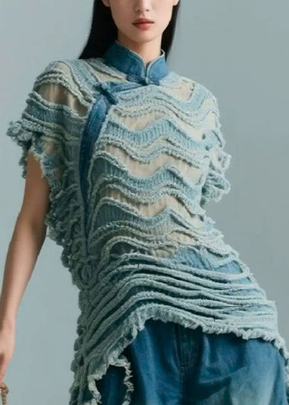 Vintage Blue Stand Collar Original Design Denim Shirt Summer