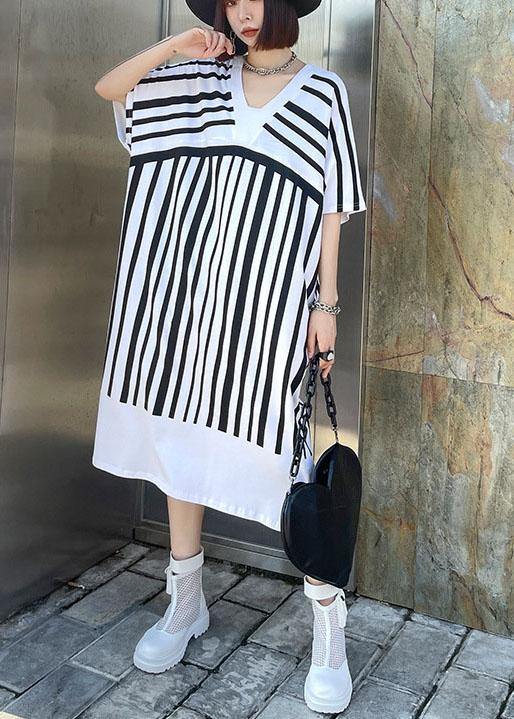 Chic White Striped Cotton Dress V Neck Summer Long Dresses