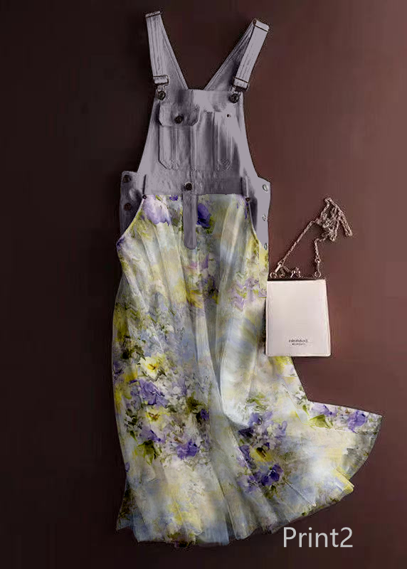 Unique Print1 Tulle Patchwork Denim Strap Dress Summer