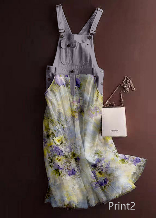 Unique Print3 Tulle Patchwork Denim Strap Dress Summer