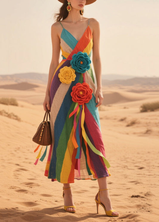 Handmade Multicolor Striped Knitted Flower Cotton Beach Dress Summer