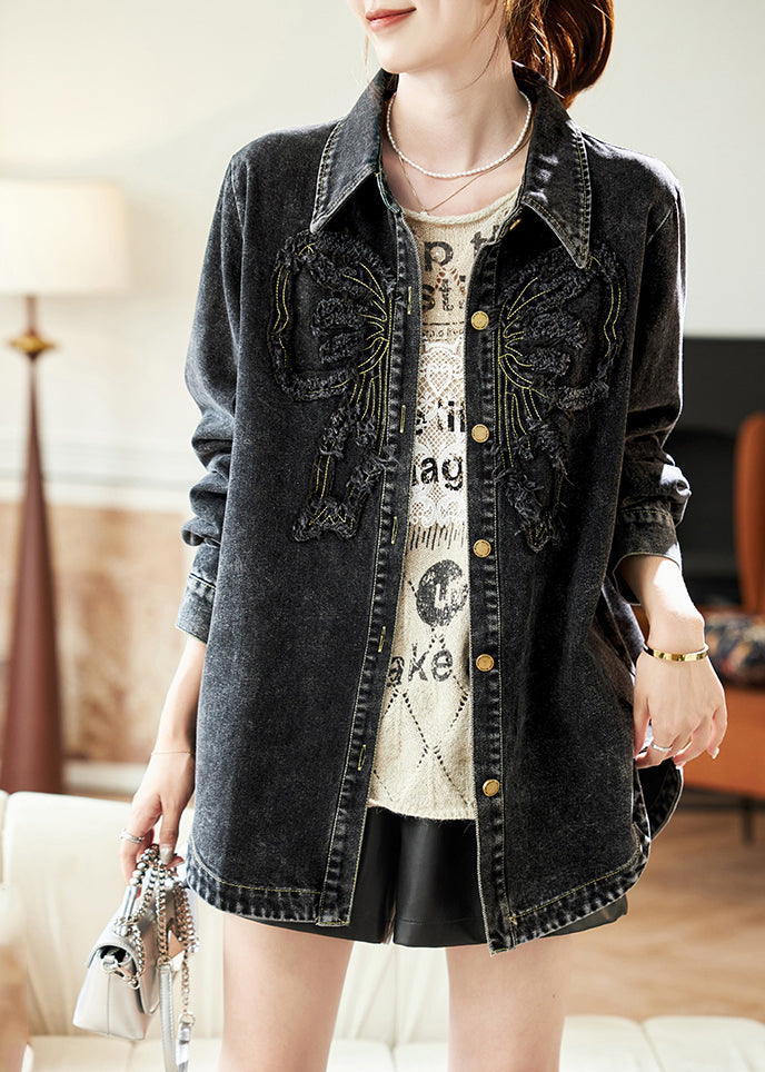 Casual Black Peter Pan Collar Patchwork Button Denim Coats Spring