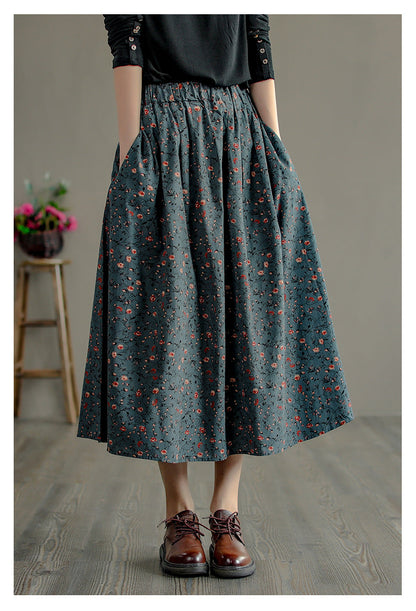 Retro Literary Floral Mid-Length Skirt
