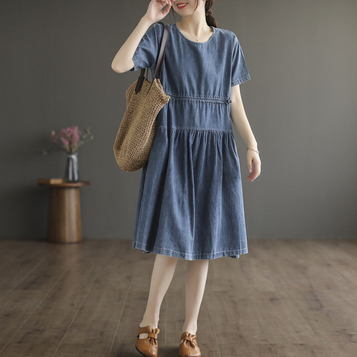 Literary Tencel Denim Mid Length Short Sleeve Dress