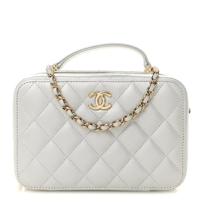 Metallic Lambskin Quilted Top Handle Vanity Case Silver