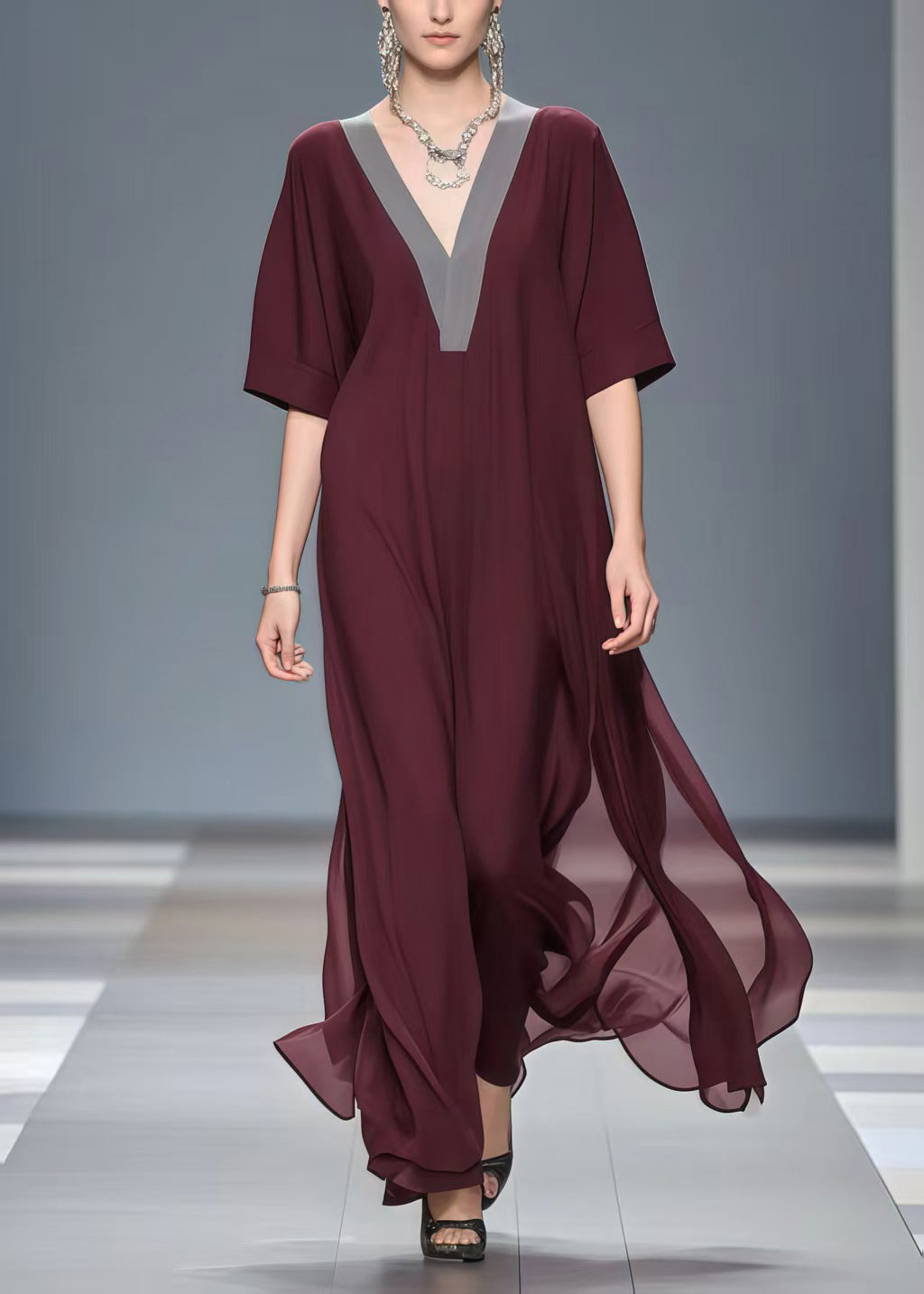Vintage Mulberry V Neck Patchwork Chiffon Long Dress Summer