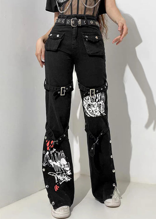 Unique Black Button Print Pockets Denim Pants Summer