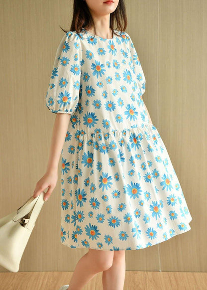 Casual Blue O-Neck Print Summer Cotton Half Sleeve Dresses