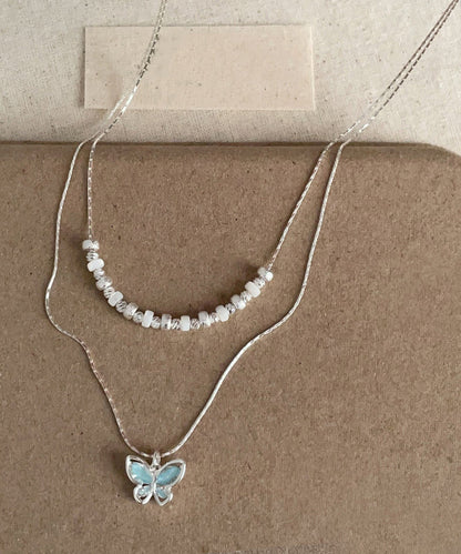 Boutique Blue Copper Crystal Butterfly Double-Layer Pendant Necklace