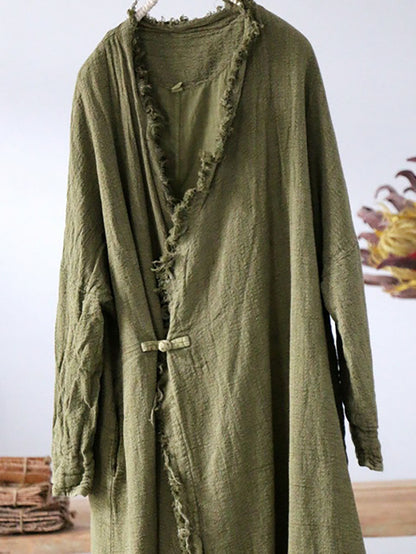 Women Artsy Worn Burrs Solid Button Irregular Long Coat