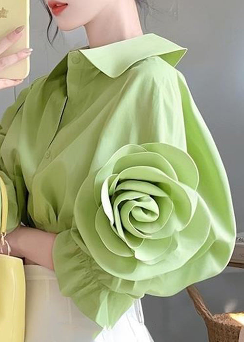 Floral Green Peter Pan Collar Button Cotton Blouses Half sleeve