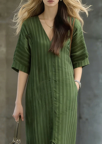 Striped Green Pockets Front Open Linen Long Dress Summer