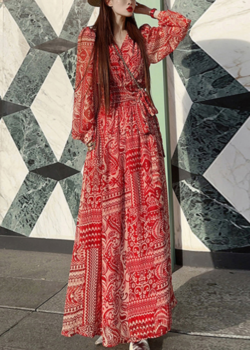 Bohemian Red Print Tie Waist Vacation Long Dresses Spring