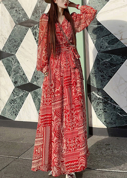 Bohemian Red Print Tie Waist Vacation Long Dresses Spring
