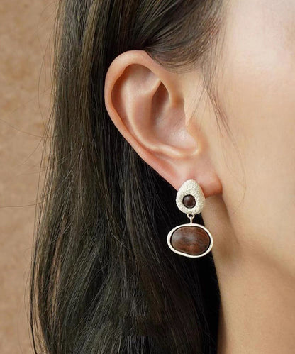 Handmade Brown Sanding Sandalwood Asymmetrical Drop Earrings