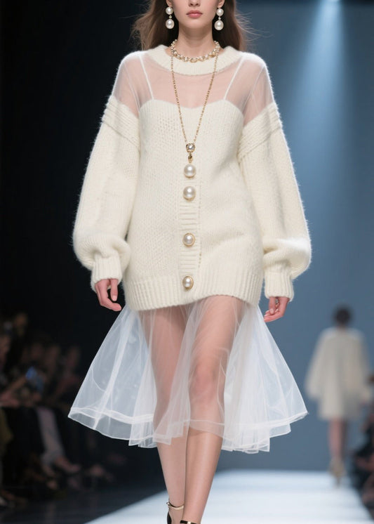 Fashion Beige O Neck Tulle Patchwork Long Knit Dress Fall