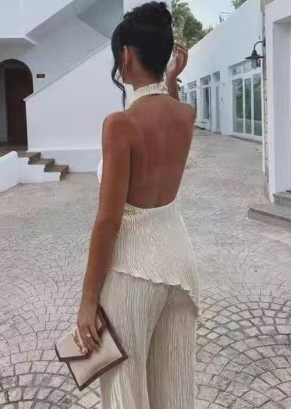 Chic Beige Asymmetrical Cold Shoulder Women Sets 2 Pieces Summer