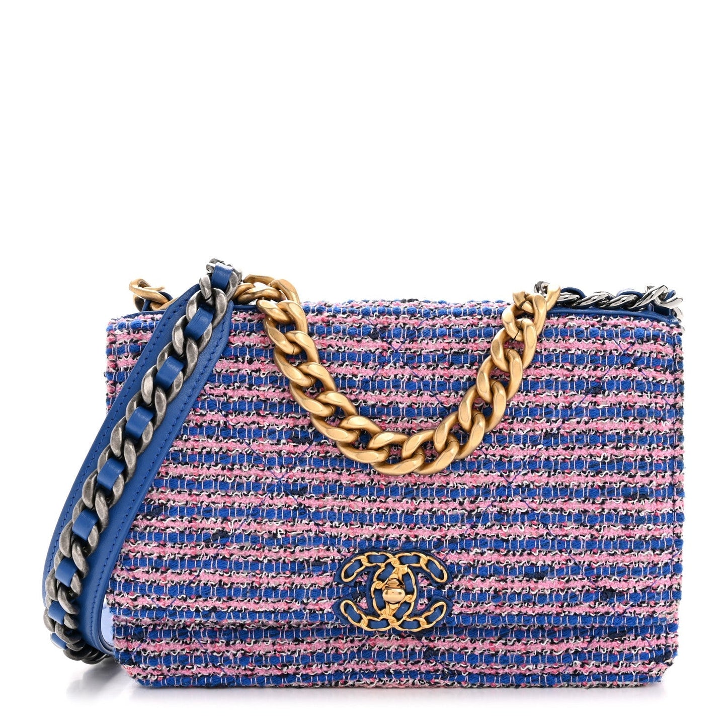 Tweed Quilted Chanel 19 Wallet On Chain WOC Blue Pink