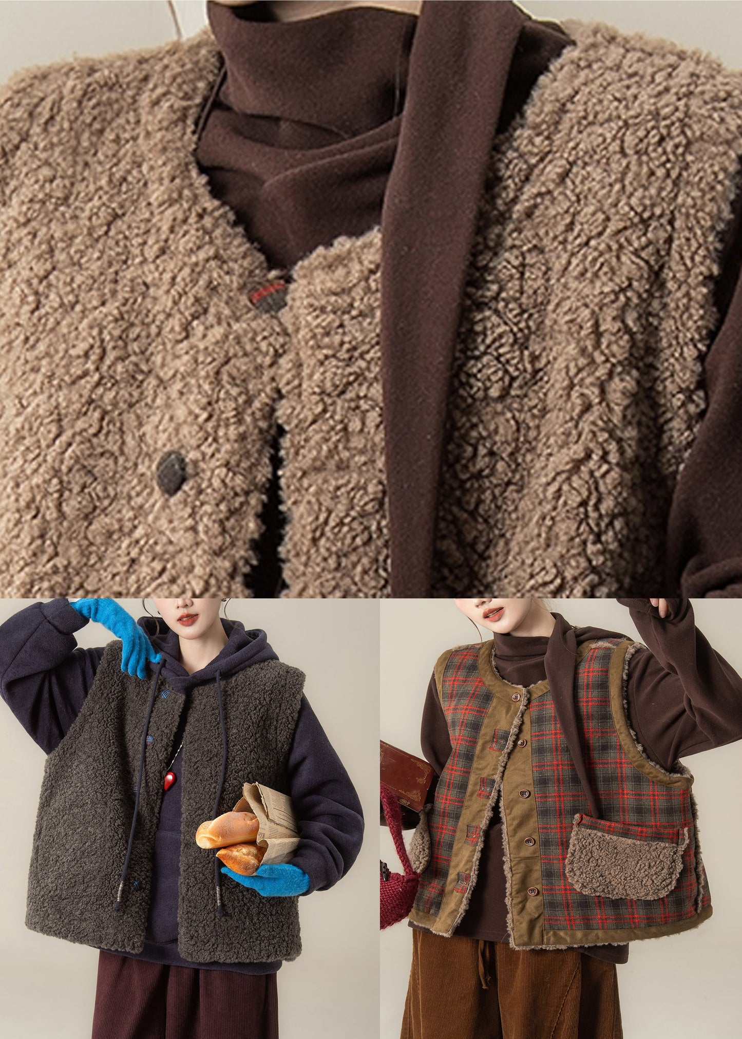 Red Plaid Patchwork Wear On Both Sides Thick Faux Fur Waistcoat Sleeveless