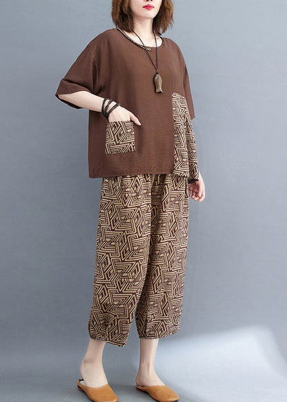 Brown Patchwork Print Cotton Two Piece Set Asymmetrical Summer