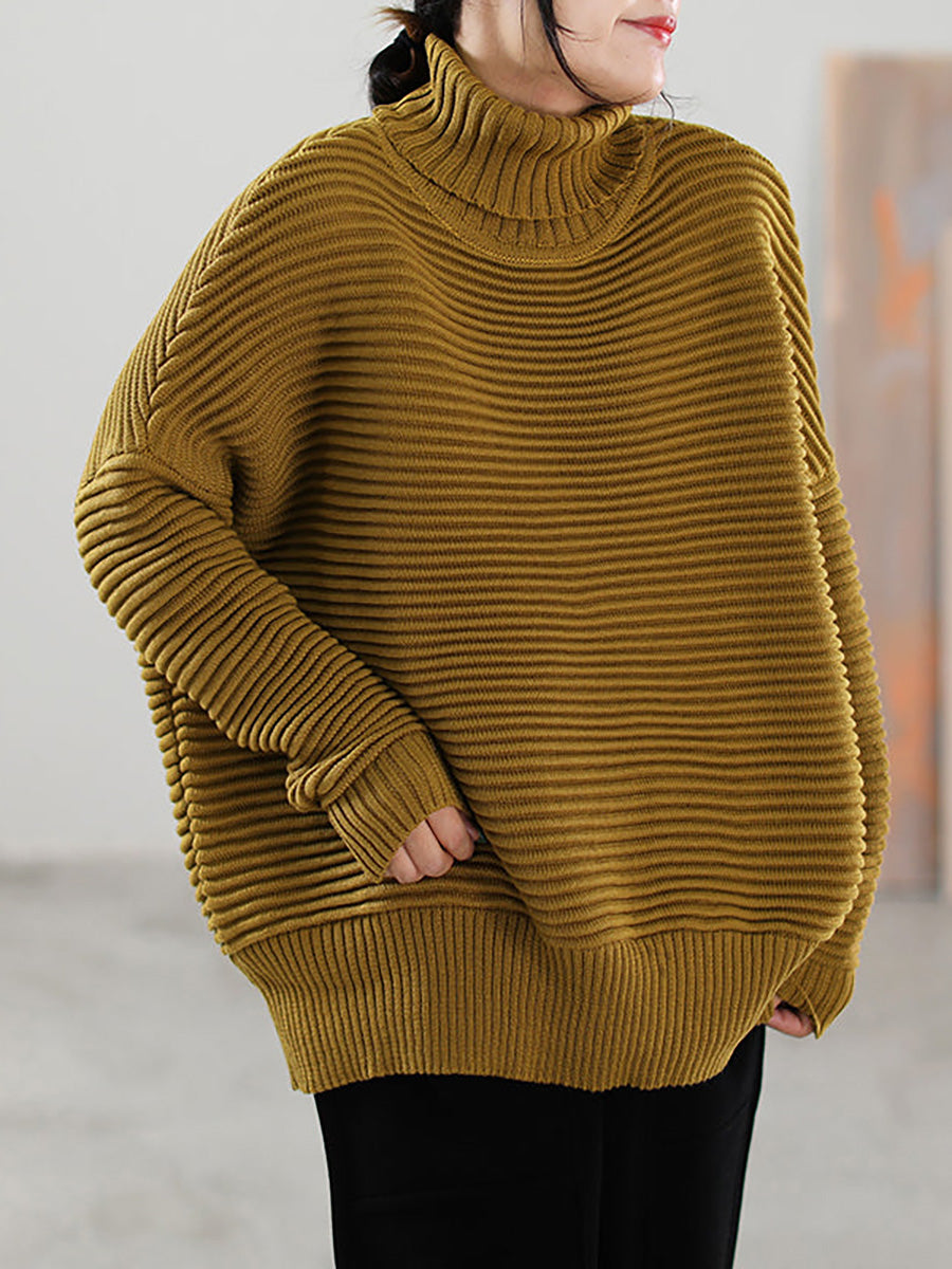 Women Highneck Solid Color Knitted Loose Long Sleeve Sweater