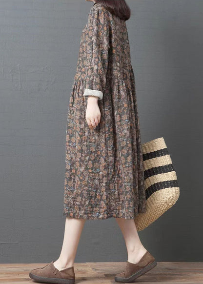 Organic lapel pockets cotton clothes Women Coffee print Art Dresses