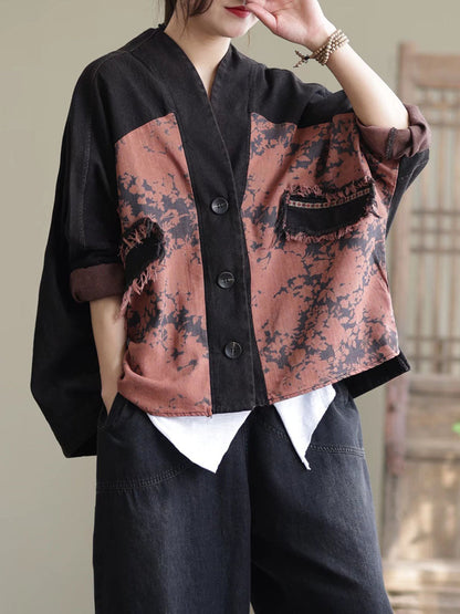 Women Spring Artsy Spliced Tie-dye Button Denim Coat