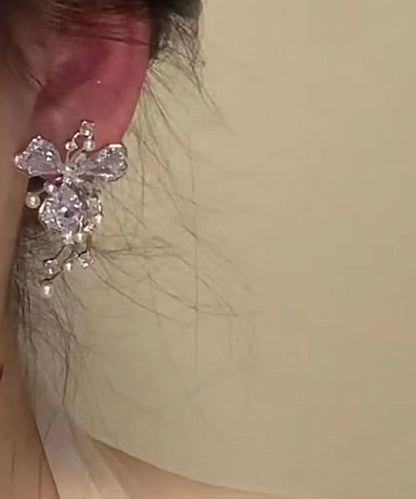 Fashion Silk Copper Zircon Pearl Floral Stud Earrings