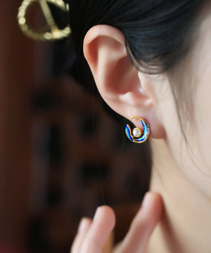 Fashion Colorblock Copper Alloy Pearl Feather Hoop Earrings